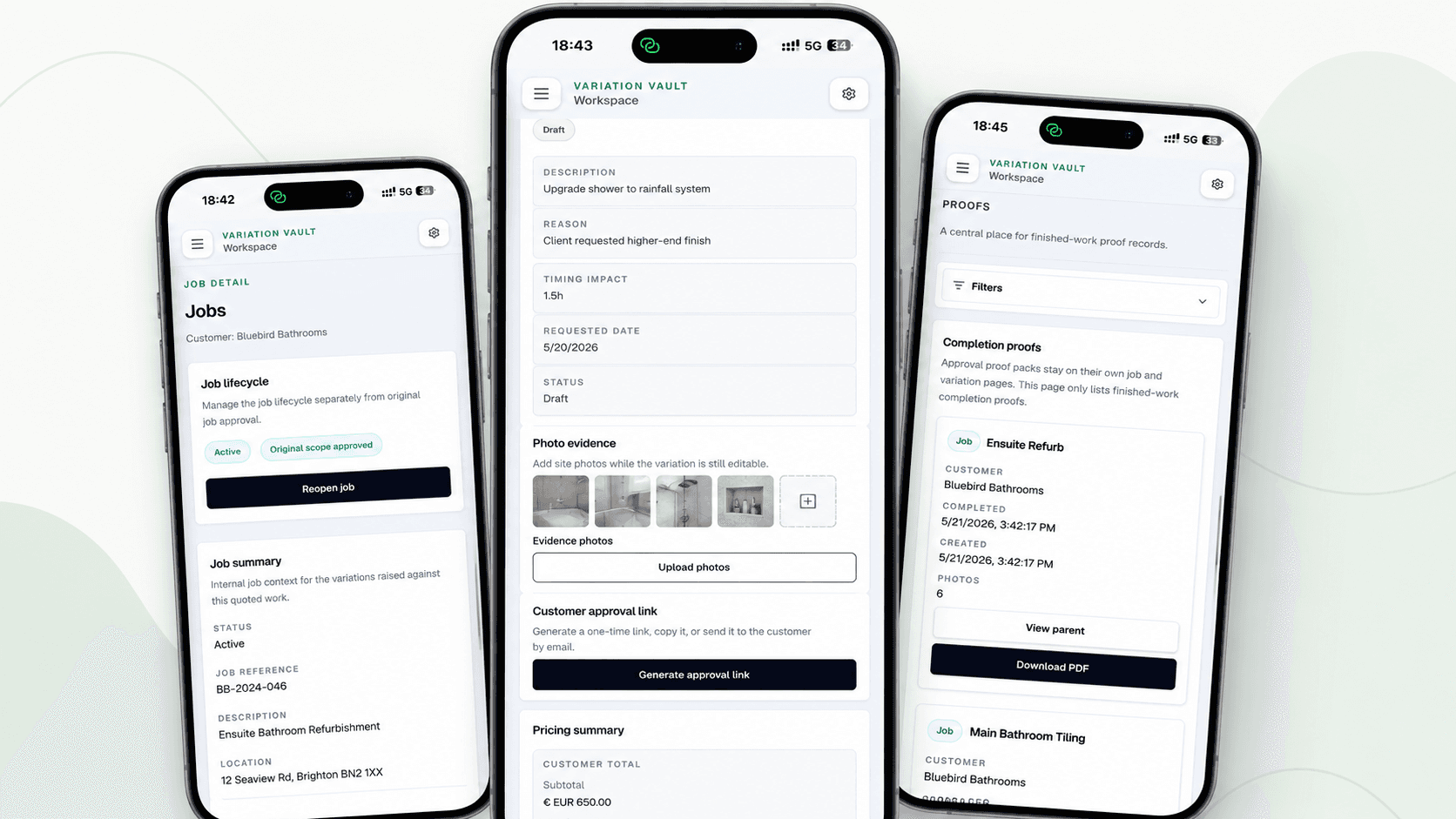 Variation Vault mobile screens showing job detail, variation evidence, pricing summary, and completion proof records.