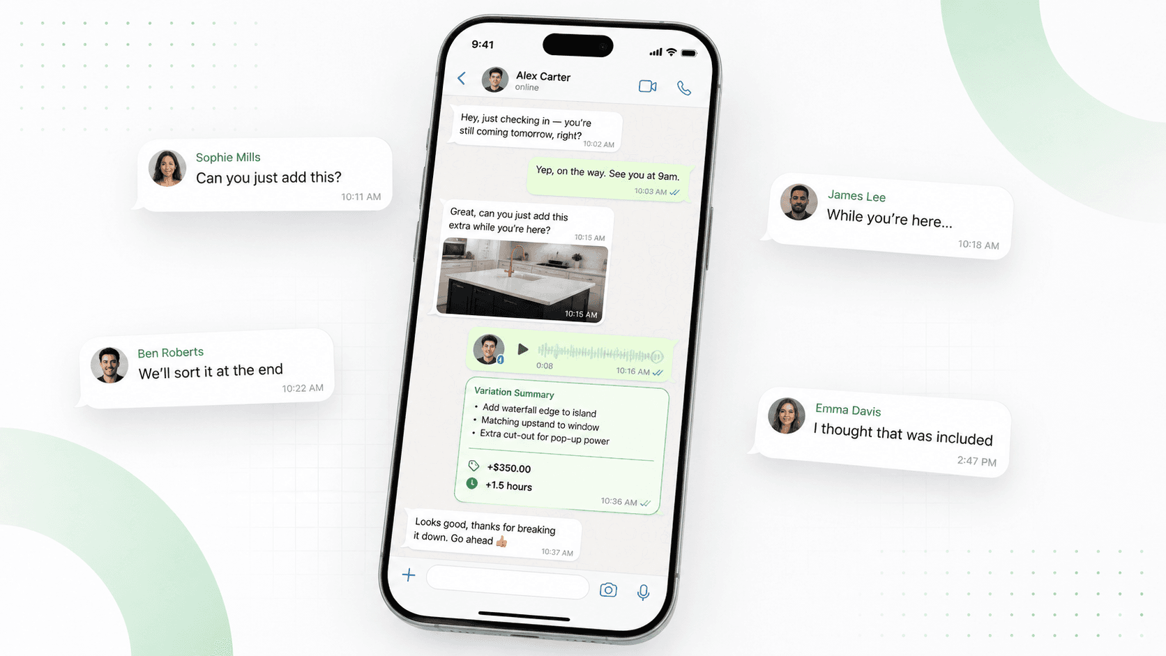 Phone chat and customer message bubbles showing casual extra work requests before approval is recorded