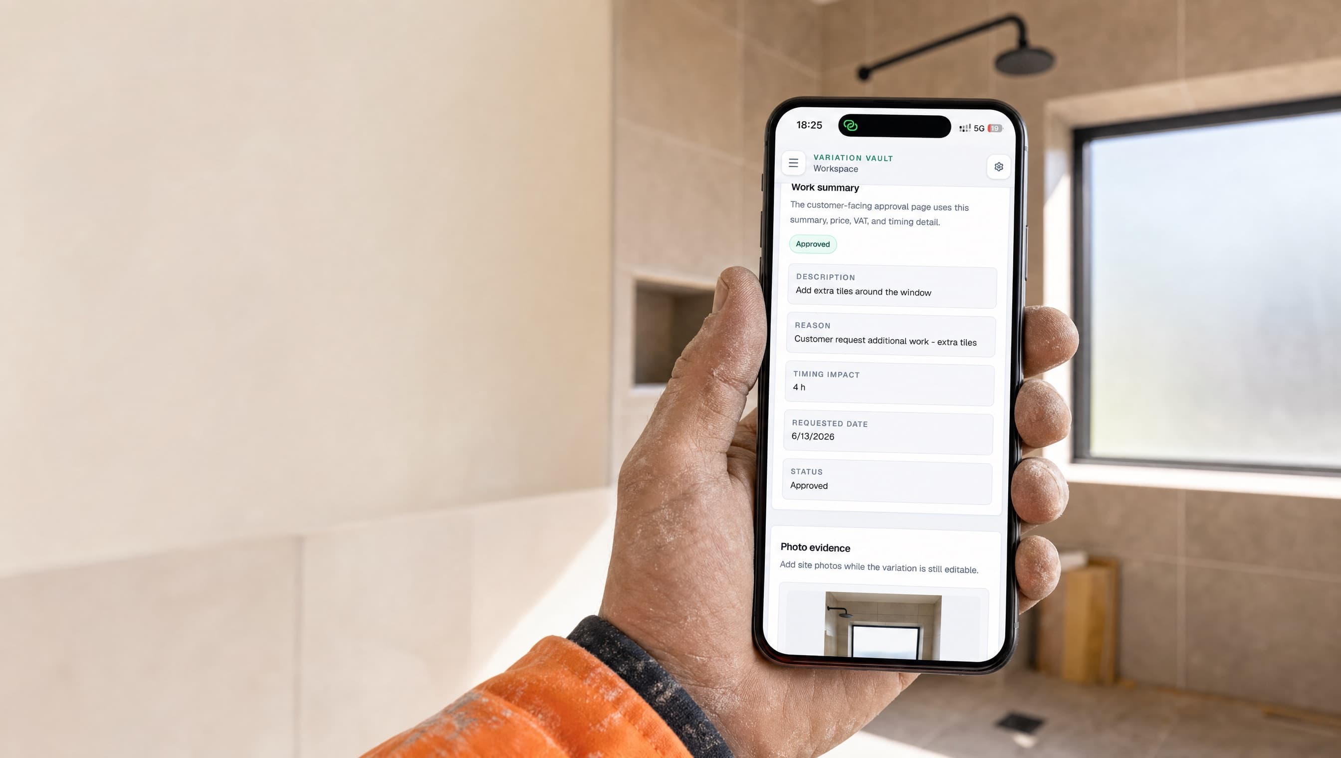 Tradesman holding a phone on site showing the Variation Vault approval screen with an approved job extra.